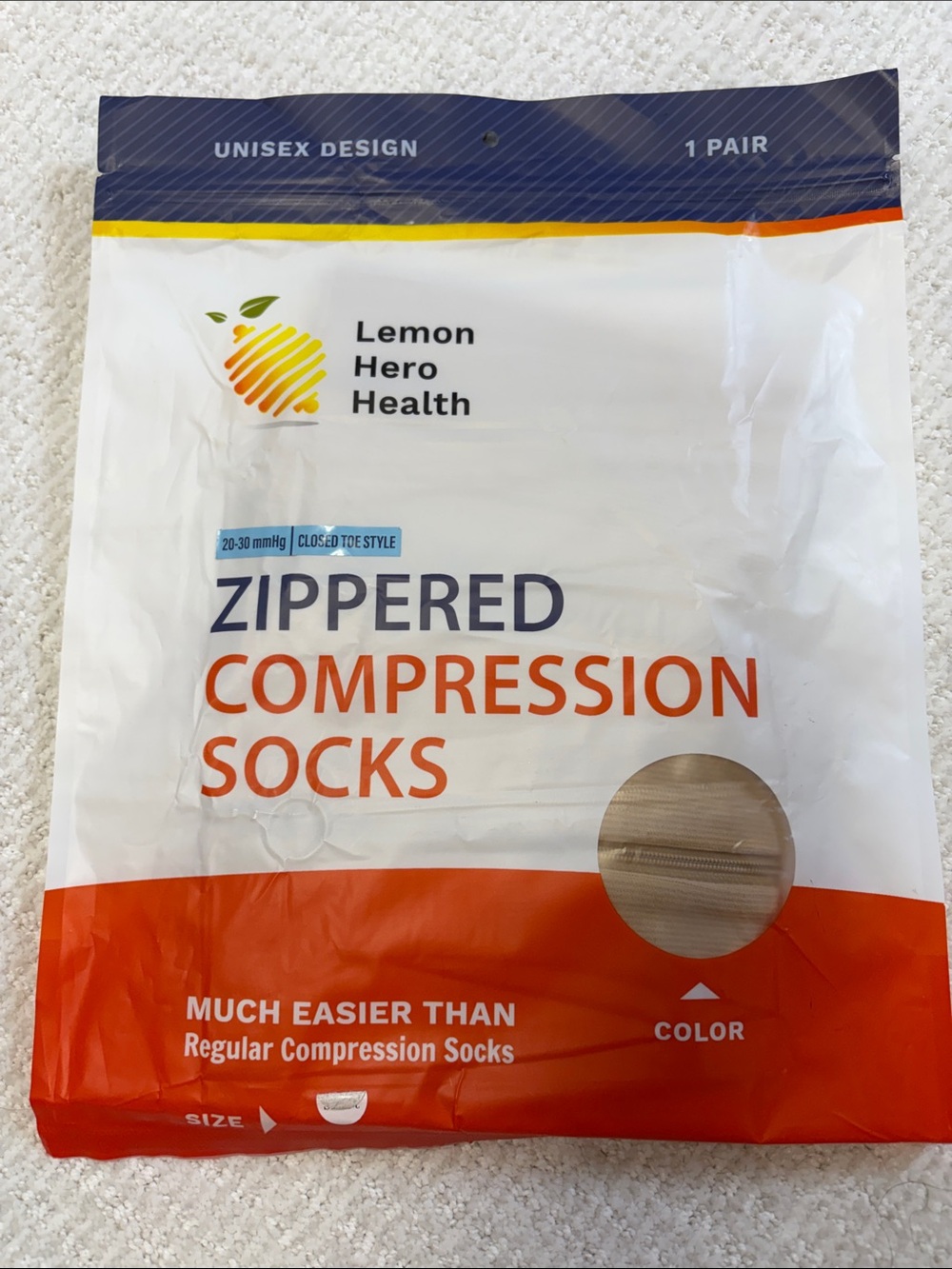 Lemon Hero Health Zippered Compression Socks Beige 20-30 mmHg Unisex